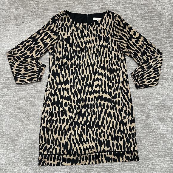 LOFT Dress Womens 8 Brown Black Animal Print Long Sleeve Shift Pockets Career - Picture 1 of 14